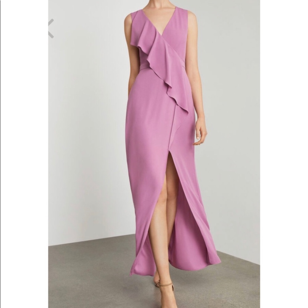 BCBG violet sleeveless cross front ruffle gown